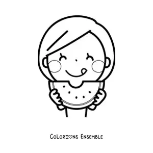 Coloriage d'une petite fille qui mange une pastèque à deux mains