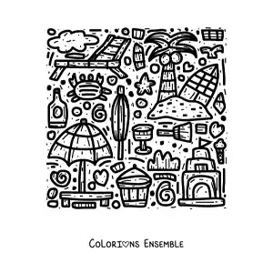 Image à colorier de jouets, d’accessoires, de plantes, d’animaux et d’objets de plage