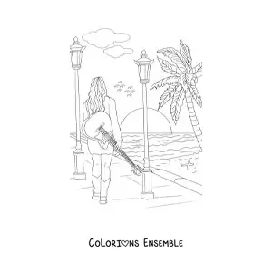 Image à colorier d’une fille qui se promène le long de la plage