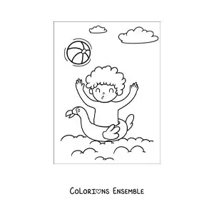 Image à colorier d’un petit garçon heureux qui joue au ballon dans la mer