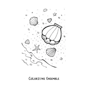 Image à colorier de plusieurs coquillages au bord de la plage