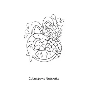 Image à colorier de plusieurs fruits et accessoires de plage
