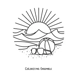 Image à colorier d’un coucher de soleil sur la plage avec un ballon sur le sable