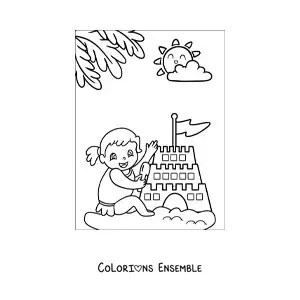Image à colorier d’une petite fille qui joue avec un château de sable
