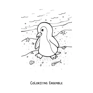 Image à colorier d’un pingouin au bord de la plage