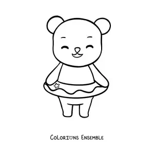 Image à colorier d’un petit ours kawaii souriant avec une bouée