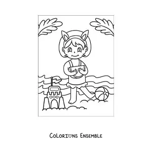 Image à colorier d’une petite fille qui mange de la pastèque à côté d’un château de sable à la plage