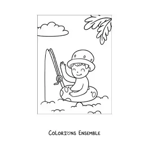 Image à colorier d’un petit garçon qui pêche dans la mer avec une bouée