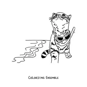 Image à colorier d’un chat réaliste avec des lunettes de soleil sur la plage