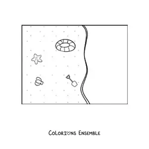 Image à colorier de plusieurs jouets de plage dans le sable