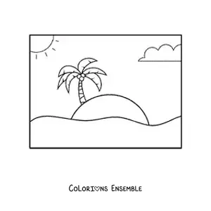 Image à colorier d’une plage, du soleil et d’un palmier