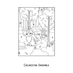 Image à colorier d’un renard à côté d’un hibou kawaii dans la forêt
