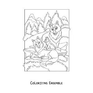 Image à colorier de trois loups au bord d’une forêt