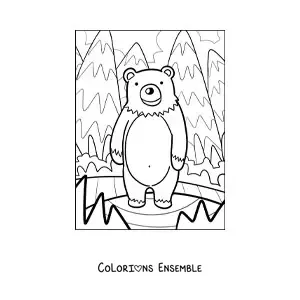 Image à colorier d'un ours kawaii dans une forêt