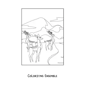 Image à colorier d'un troupeau de cerfs au bord d'une forêt