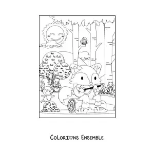Image à colorier d'un renard kawaii dans la forêt