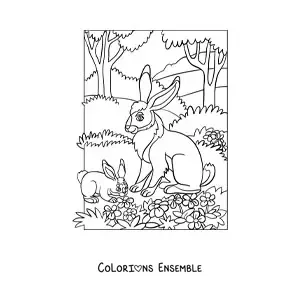 Image à colorier de deux lapins dans la forêt
