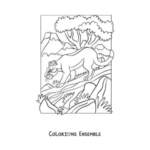 Image à colorier d'un puma sur un tronc dans la forêt