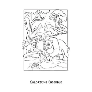 Image à colorier d'une famille d'ours dans la forêt