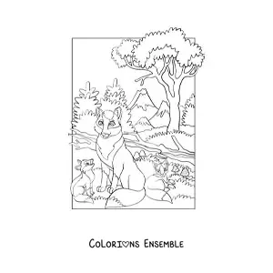 Image à colorier d'une portée de loups dans la forêt