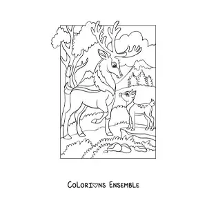 Image à colorier d'un cerf adulte et d'un petit cerf dans la forêt