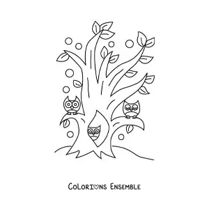 Image à colorier de plusieurs hiboux à l'intérieur d'un arbre dans la forêt