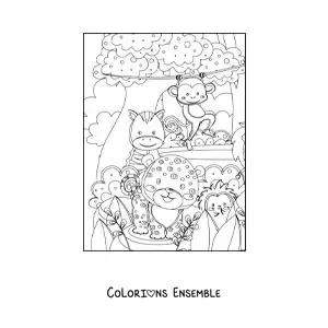 Image à colorier de plusieurs animaux kawaii de la jungle