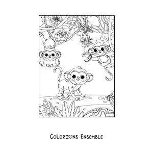 Image à colorier de trois singes kawaii dans la jungle