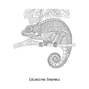 Image à colorier d'un mandala représentant un caméléon dans la jungle
