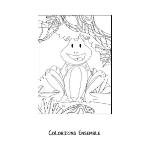 Image à colorier d'une grenouille de la forêt tropicale en dessin animé