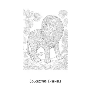 Image à colorier d'un mandala représentant un lion de la jungle africaine