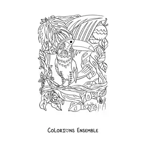 Image à colorier d'un toucan dans la forêt tropicale