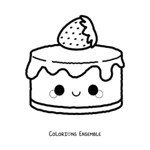 Image à colorier d'un gâteau aux fraises kawaii rigolo