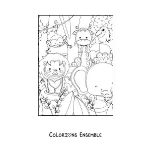 Image à colorier de plusieurs animaux kawaii de la jungle africaine