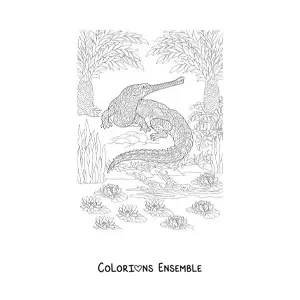 Image à colorier d'un mandala représentant un caïman de la jungle tropicale