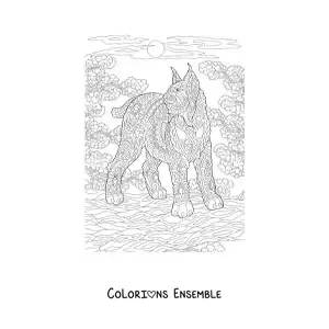 Image à colorier d'un mandala représentant un lynx sauvage