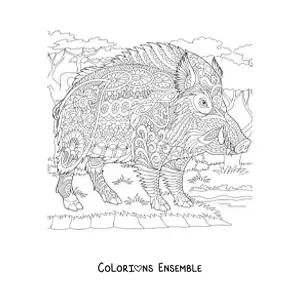 Image à colorier d'un mandala représentant un sanglier sauvage