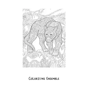 Image à colorier d'un mandala représentant un léopard dans la jungle