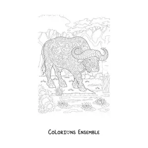 Image à colorier d'un mandala représentant un buffle sauvage