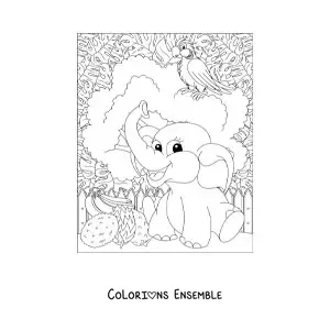 Image à colorier d'un éléphant kawaii dans la jungle