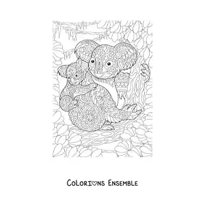 Image à colorier d'un mandala représentant deux koalas dans la jungle
