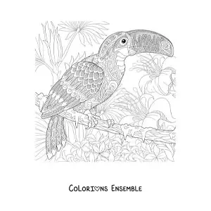 Image à colorier d'un mandala représentant un toucan dans la jungle