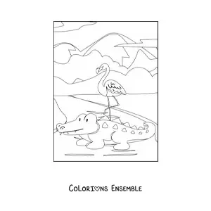 Image à colorier d'un flamant rose et d'un crocodile sauvages au bord d'un lac