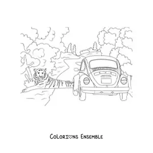 Image à colorier d'un tigre sauvage à côté d'une voiture sur une route au milieu de la jungle