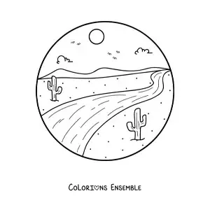Image à colorier d'une route dans le désert