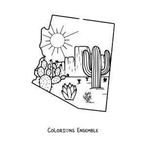 Image à colorier de la carte de l'Arizona avec un dessin du désert