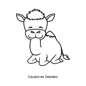 Image à colorier d'un dromadaire heureux en dessin animé, couché sur ses pattes