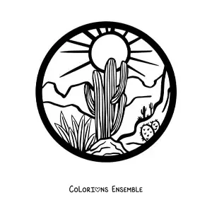Image à colorier d'un paysage avec des plantes du désert