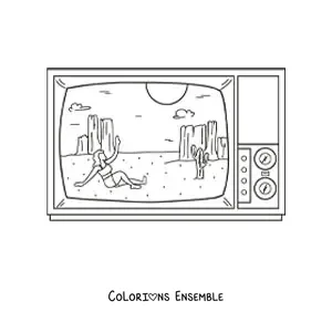 Image à colorier d'un désert sur l'écran d'une télévision