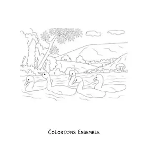 Image à colorier d'un lac avec des cygnes